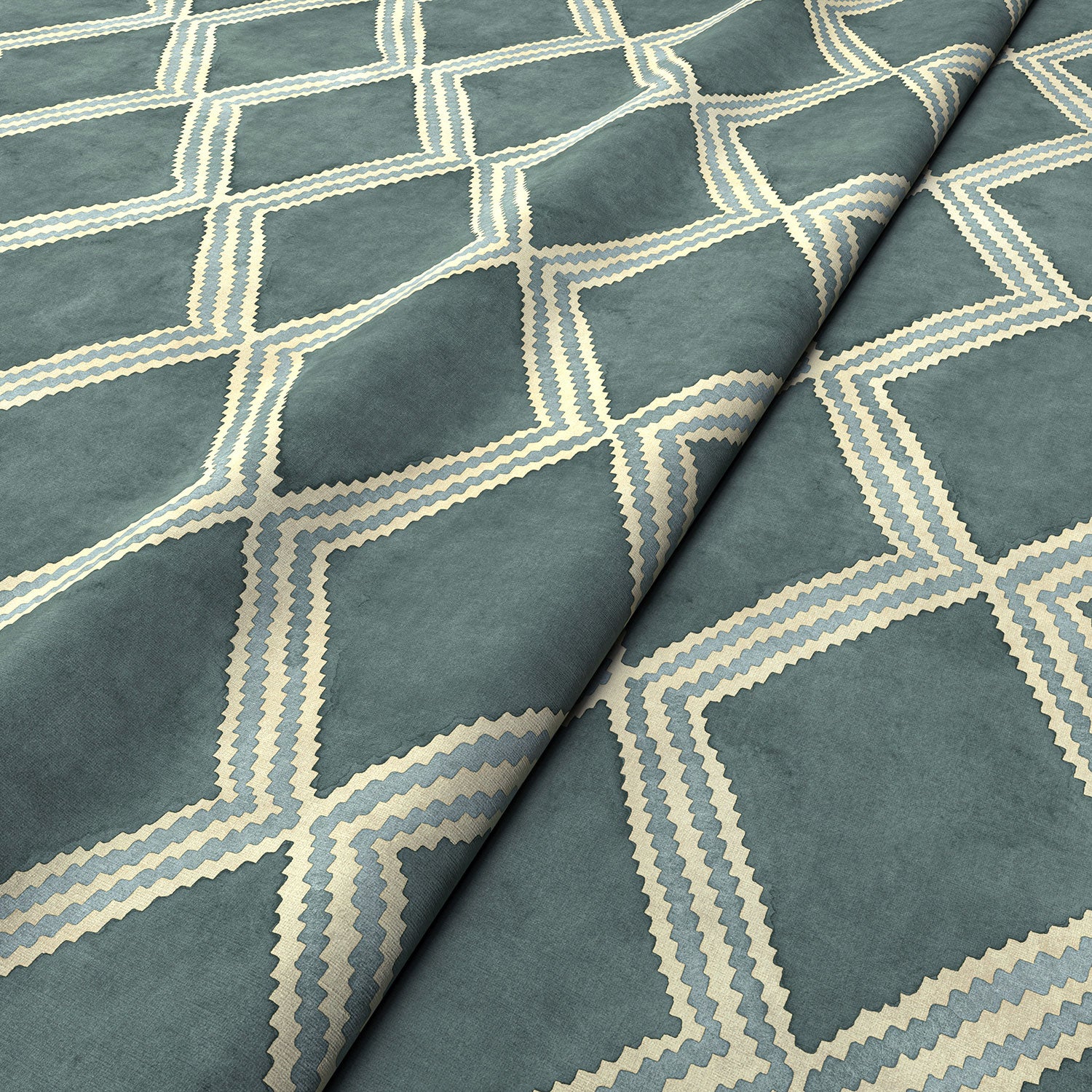 Close-up of blue printed velvet fabric featuring an irregular diamond motif with a soft, luxurious pile. 