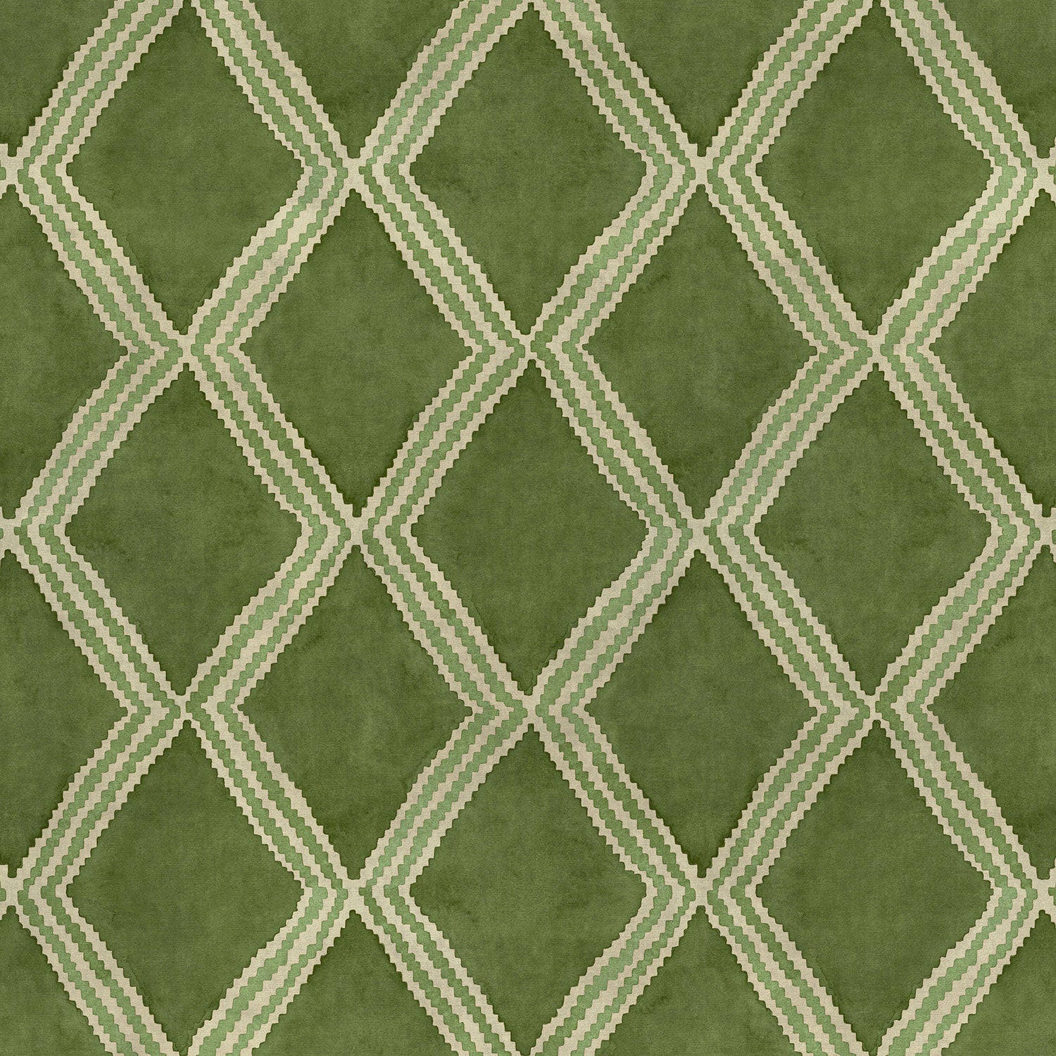 Close-up of green printed velvet fabric featuring an irregular diamond motif with a soft, luxurious pile. 