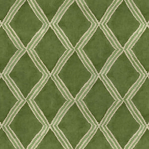 Close-up of green printed velvet fabric featuring an irregular diamond motif with a soft, luxurious pile. 