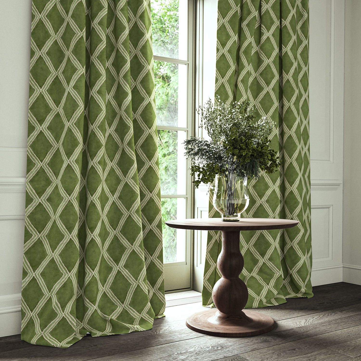 Green printed velvet curtains with an irregular diamond pattern framing a tall window.