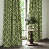 Green printed velvet curtains with an irregular diamond pattern framing a tall window.