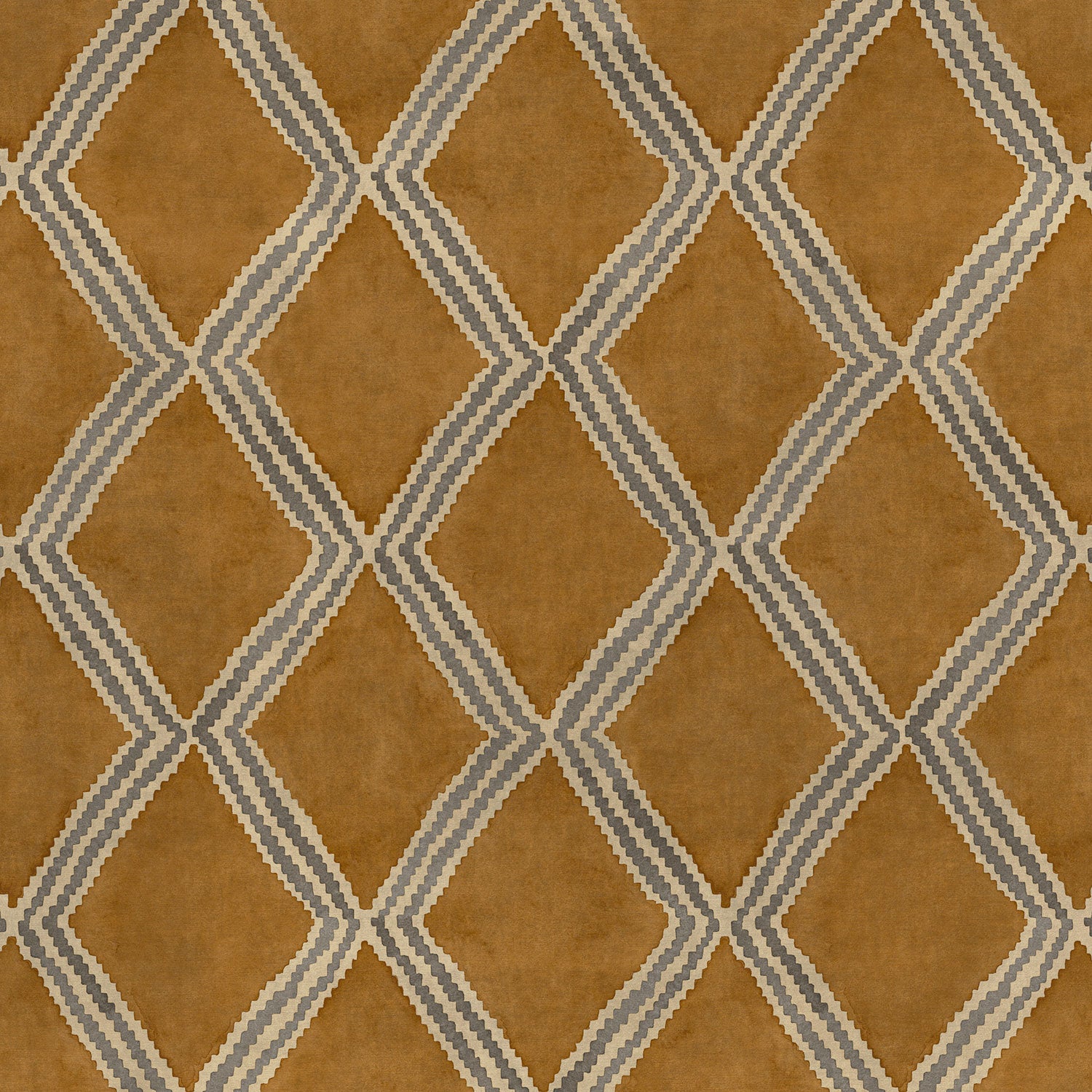 Close-up of brown and blue printed velvet fabric featuring an irregular diamond motif with a soft, luxurious pile. 