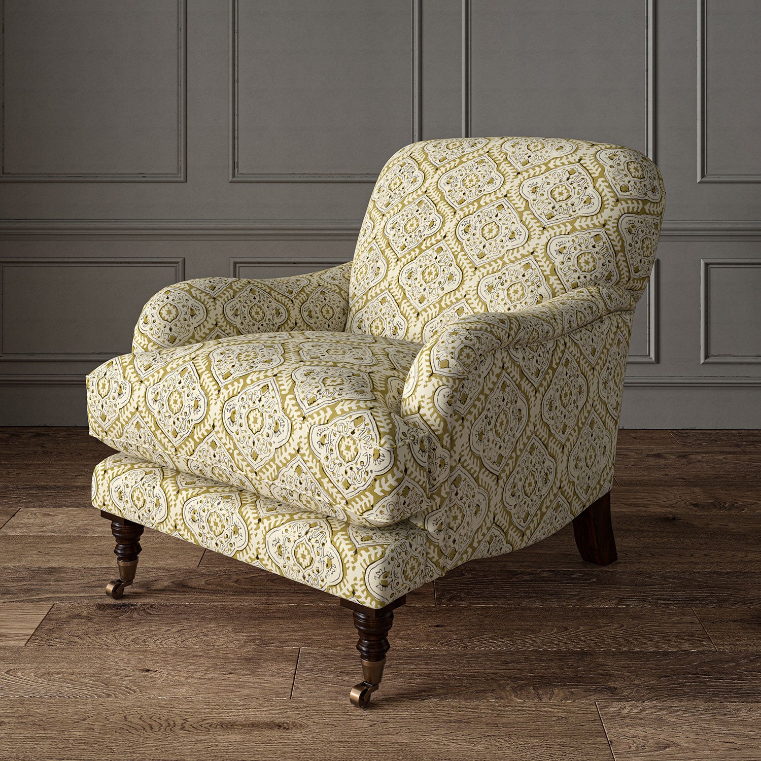 Armchair covered in a linen print with a handcrafted feel in bronze