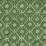 Linen fabric with a hand block-style pattern in green, black and cream