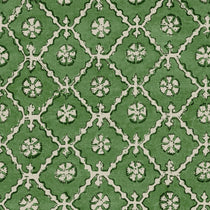 Linen fabric with a hand block-style pattern in green, black and cream
