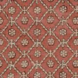 Linen fabric with a hand block-style pattern in red, black and cream