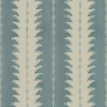 A printed linen fabric sample in blue and off white featuring a striped fern design.
