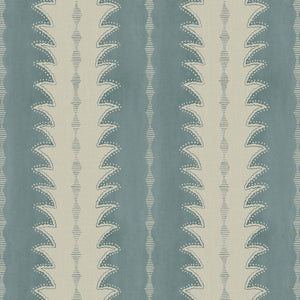 A printed linen fabric sample in blue and off white featuring a striped fern design.