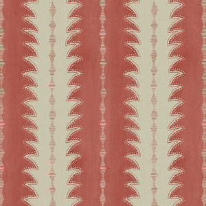 A printed linen fabric sample in red and off white featuring a striped fern design.