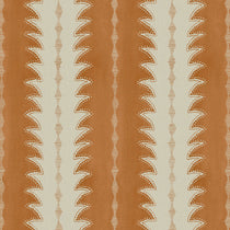 A printed linen fabric sample in orange and off white featuring a striped fern design.