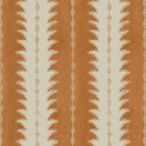 A printed linen fabric sample in orange and off white featuring a striped fern design.