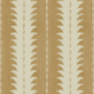 A printed linen fabric sample in beige and off white featuring a striped fern design.