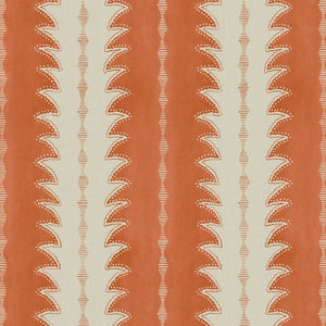 A printed linen fabric sample in orange and off white featuring a striped fern design.