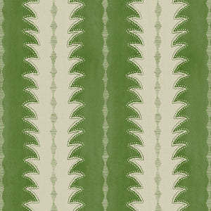 A printed linen fabric sample in green and off white featuring a striped fern design.