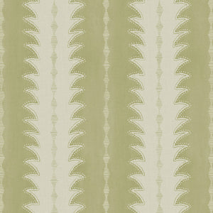 A printed linen fabric sample in green and off white featuring a striped fern design.