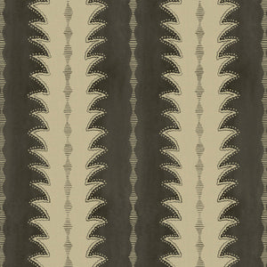 A printed linen fabric sample in black and off white featuring a striped fern design.