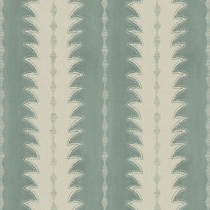 A printed linen fabric sample in blue and off white featuring a striped fern design.