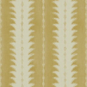 A printed linen fabric sample in yellow and off white featuring a striped fern design.