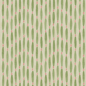 A printed linen fabric sample in green, pink, and off white featuring a Japanese print.