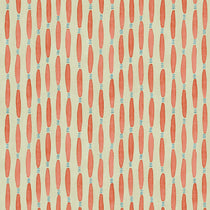 A printed linen fabric sample in orange, blue, and off white featuring a Japanese print.