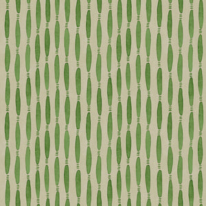 A printed linen fabric sample in green and off white featuring a Japanese print.