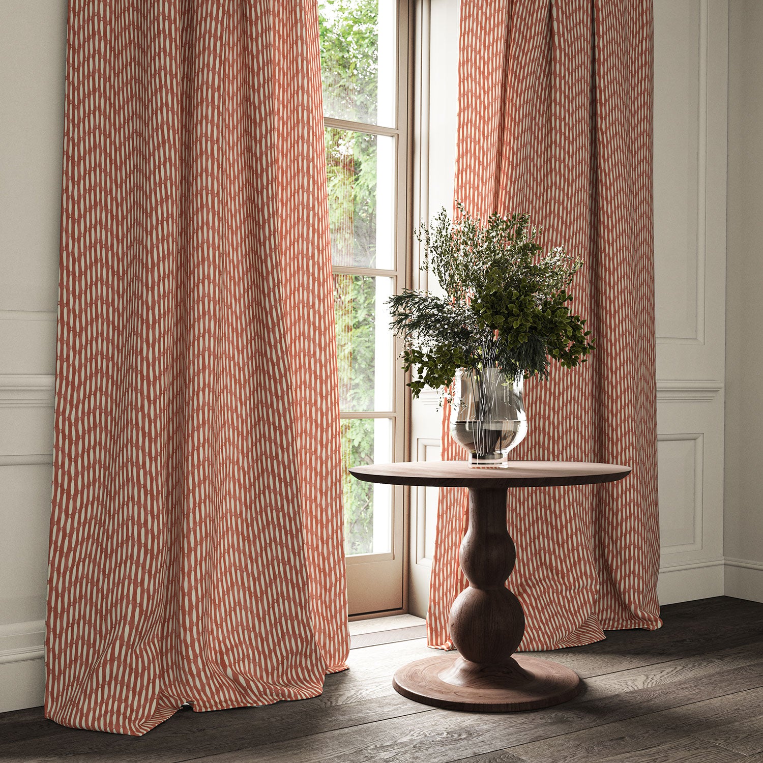 Curtains made from a printed linen fabric in red and off white featuring a Japanese print.