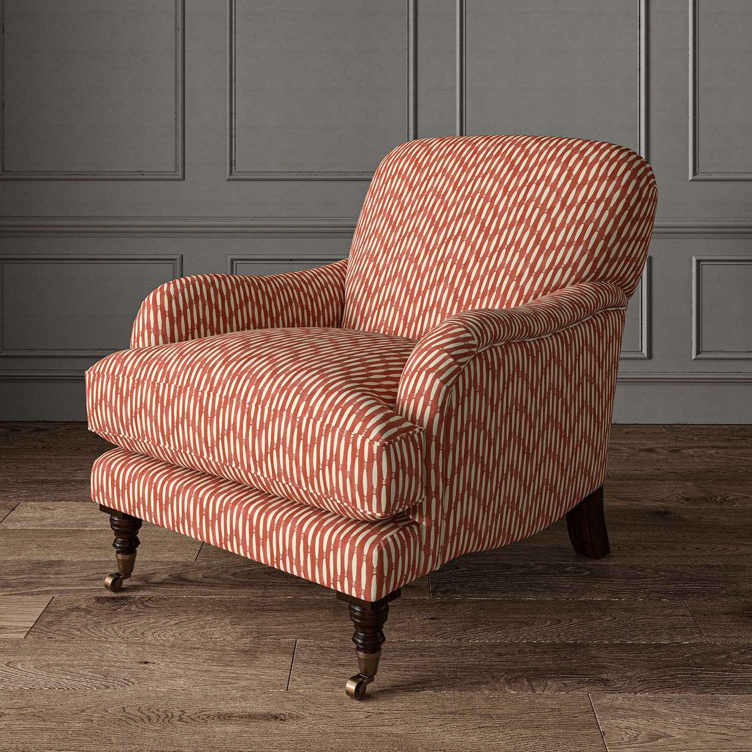 Armchair upholstered in a printed linen fabric in red and off white featuring a Japanese print.