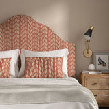 Headboard upholstered in a printed linen fabric in red and off white featuring a Japanese print.