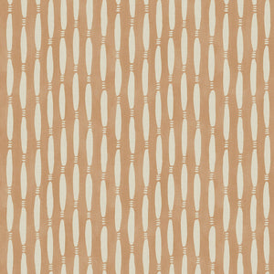 A printed linen fabric sample in orange and off white featuring a Japanese print.