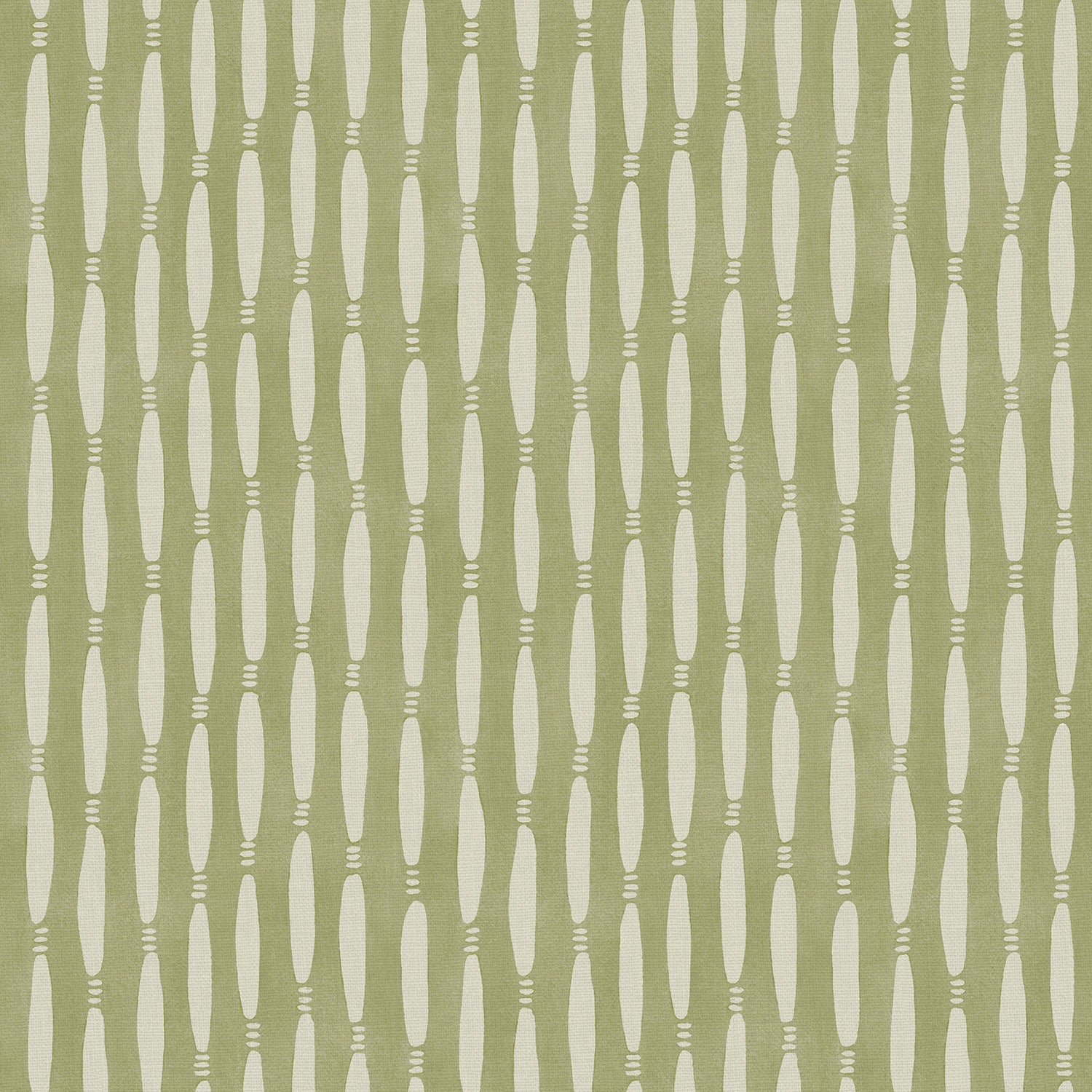 A printed linen fabric sample in green and off white featuring a Japanese print.