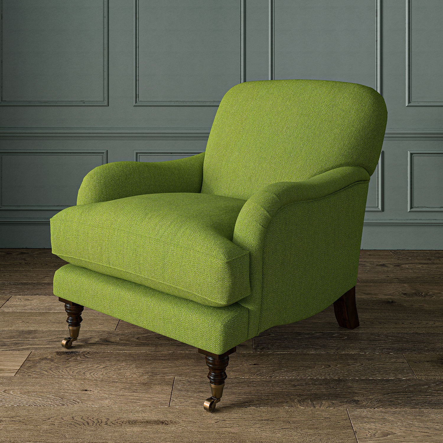 Armchair in Loxley Apple by Linwood – durable, Italian-woven natural fibre fabric in soft green.