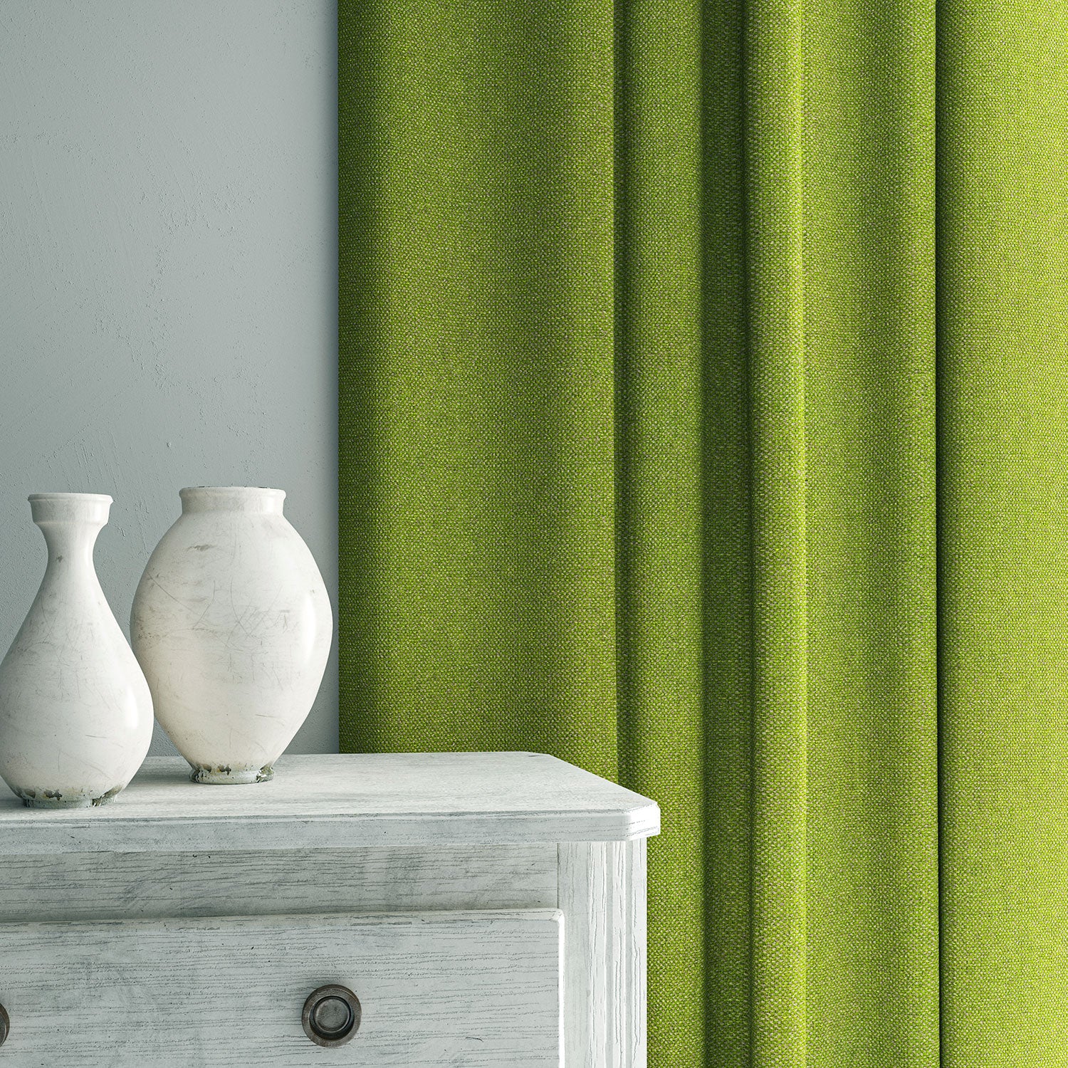 Curtain in Loxley Apple by Linwood – green Italian-woven fabric with rich texture and depth.