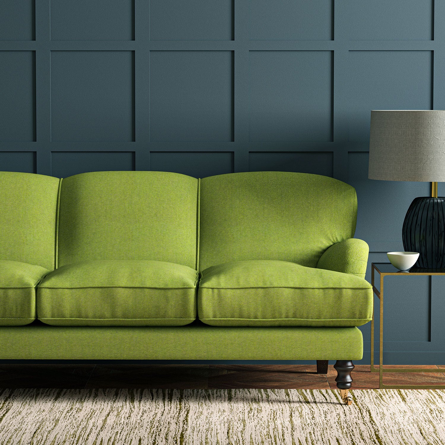 . Sofa in Linwood’s Loxley Apple – Italian-woven green fabric with tactile texture and versatility.
