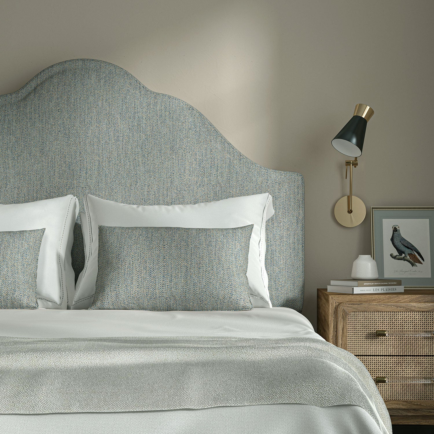 Upholstered headboard in Loxley Bluestone by Linwood – Italian-woven blue weave.