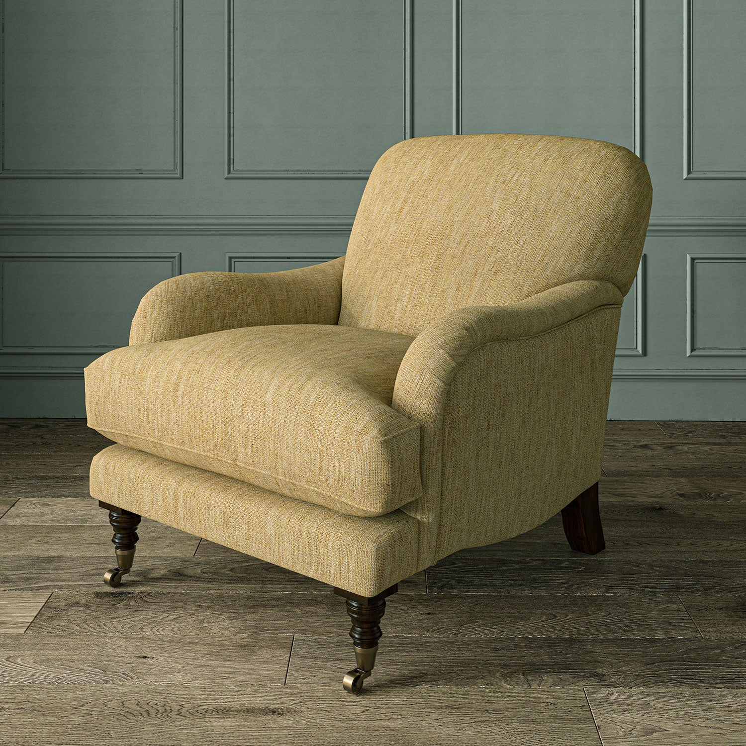 Armchair in Loxley Buttermilk by Linwood – durable, Italian-woven natural fibre fabric in warm cream-yellow.