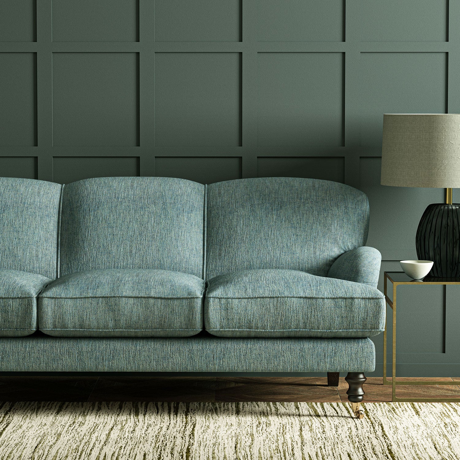 Sofa in Linwood’s Loxley Cerulean – Italian-woven blue fabric with tactile texture and versatility.