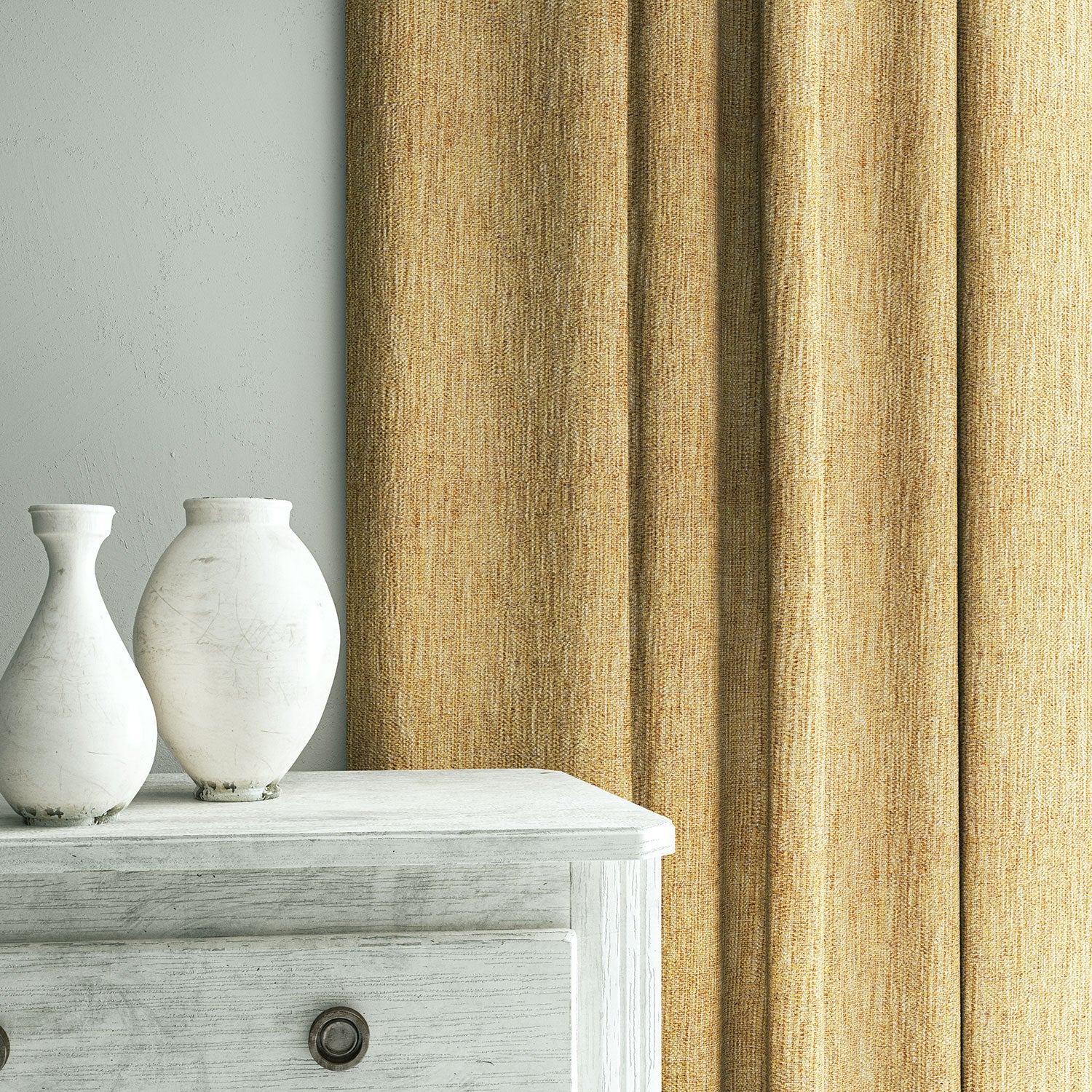 Curtain in Loxley Cornsilk by Linwood – yellow Italian-woven fabric with rich texture and depth.
