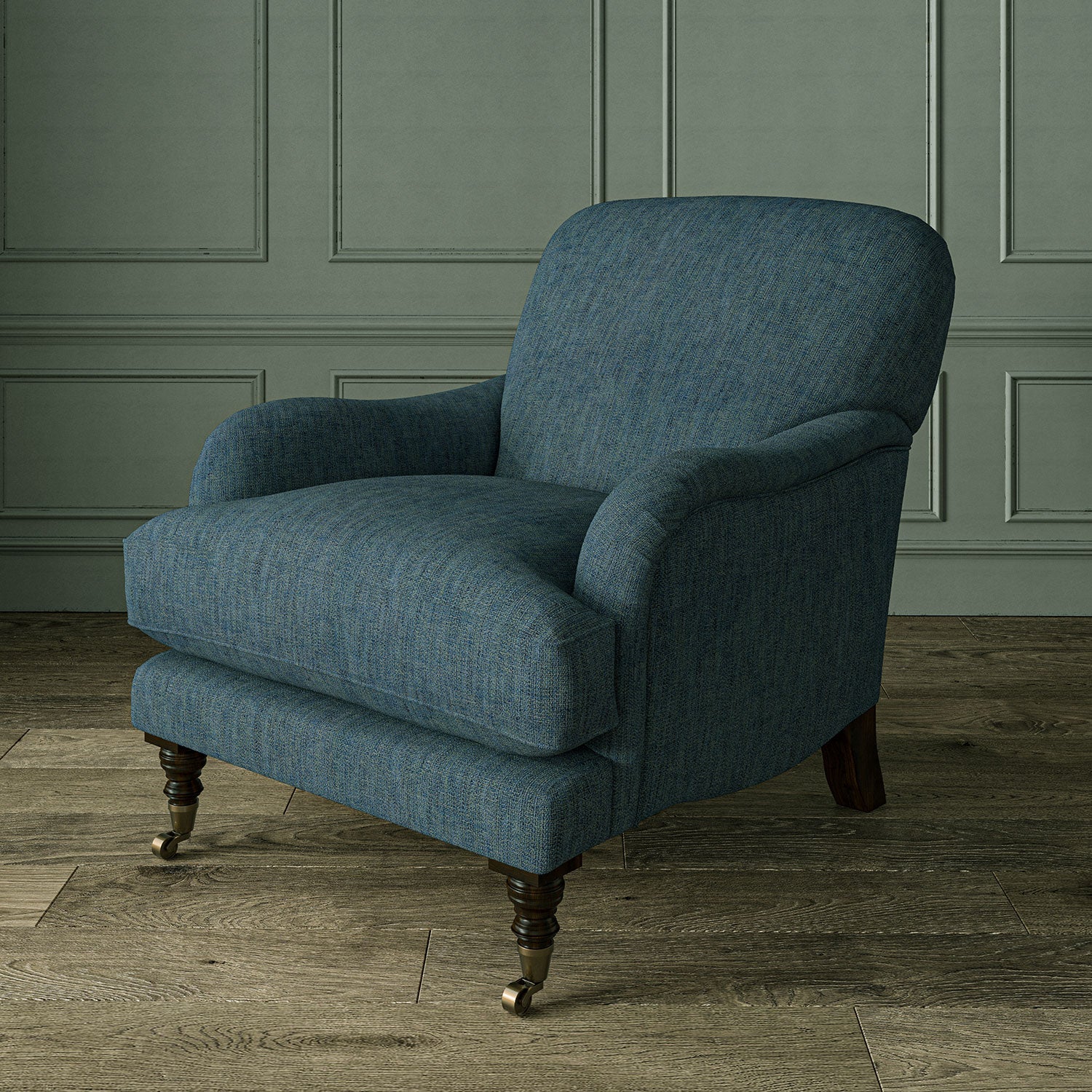 Armchair in Loxley Denim by Linwood – durable, Italian-woven natural fibre fabric in deep blue.