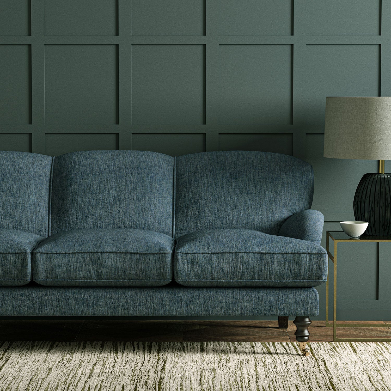 Sofa in Linwood’s Loxley Denim – Italian-woven blue fabric with tactile texture and versatility.