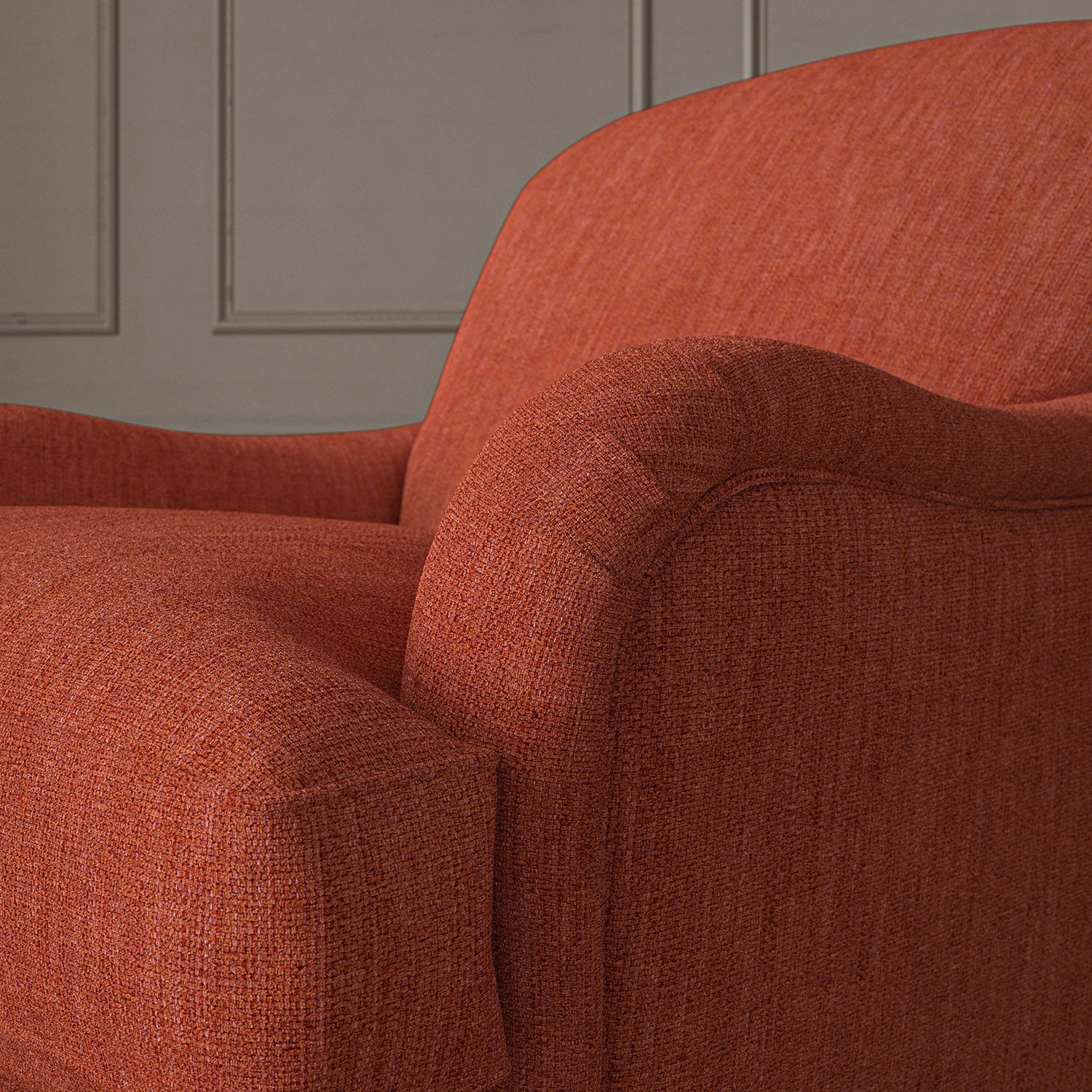 Close-up of armchair in Loxley Ember by Linwood – durable, Italian-woven natural fibre fabric in rich terracotta.