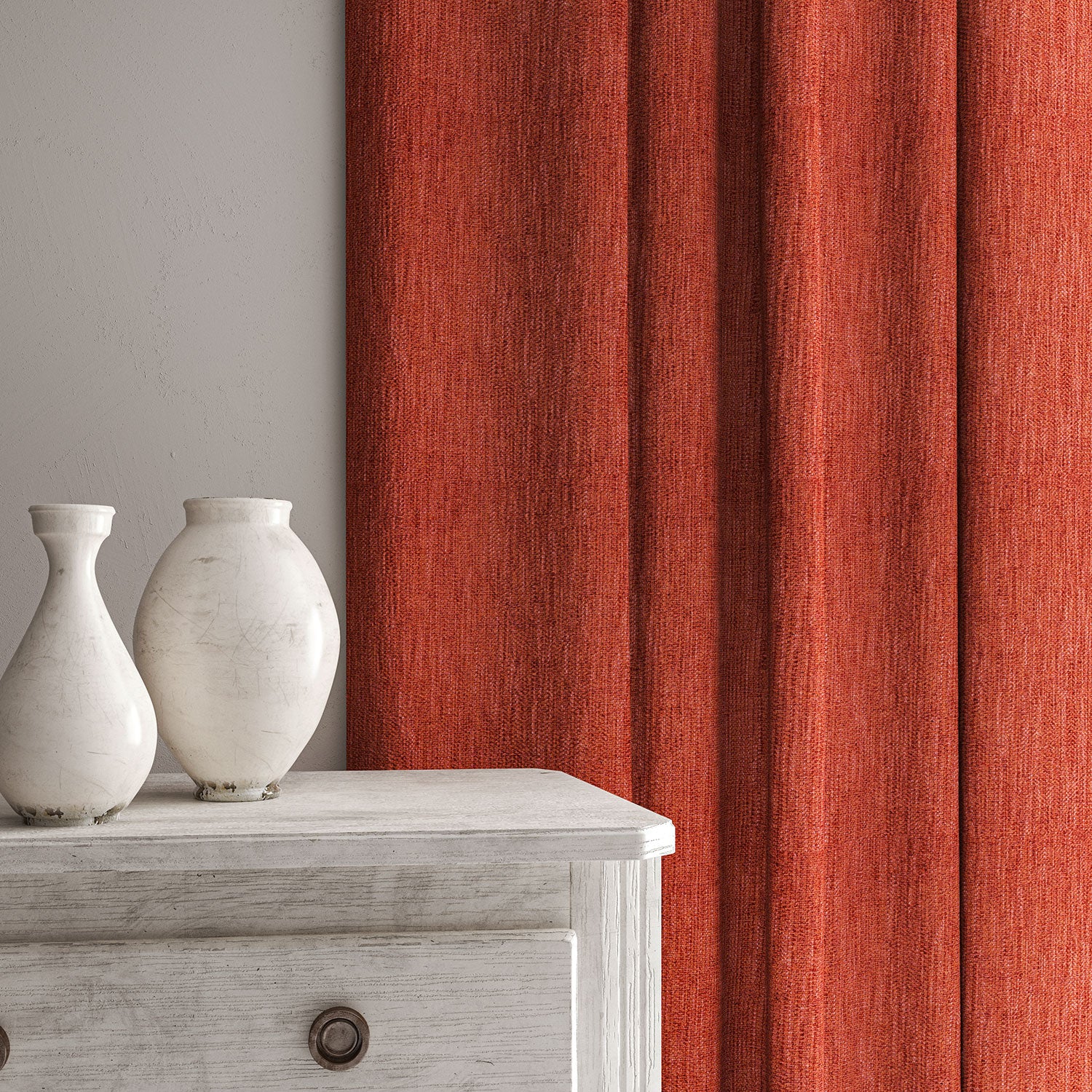 Curtain in Loxley Ember by Linwood – red Italian-woven fabric with rich texture and depth.
