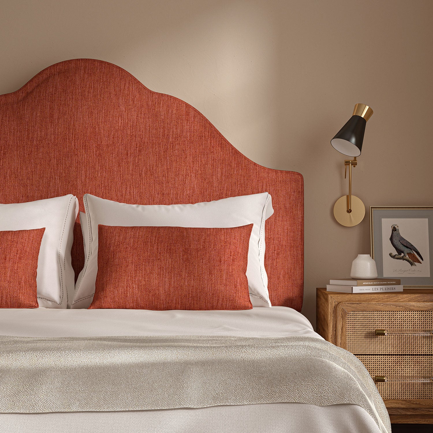 Upholstered headboard in Loxley Ember by Linwood – Italian-woven red weave.