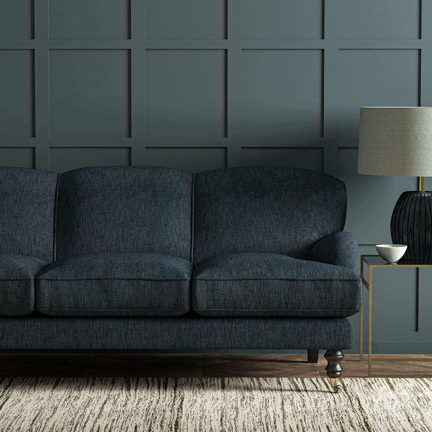 Sofa in Linwood’s Loxley Indigo – Italian-woven blue fabric with tactile texture and versatility.