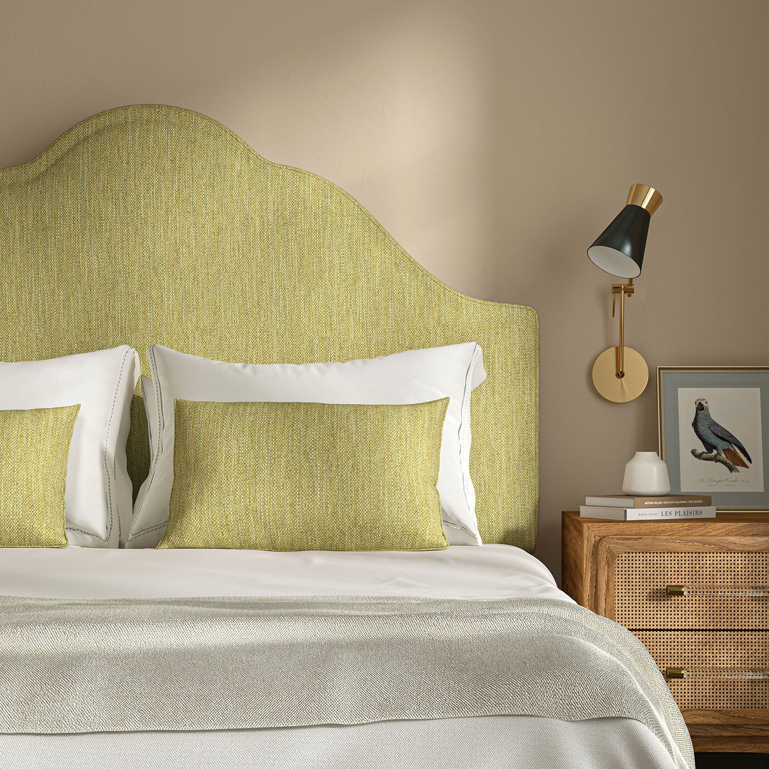 Upholstered headboard in Loxley Lime by Linwood – Italian-woven green weave.