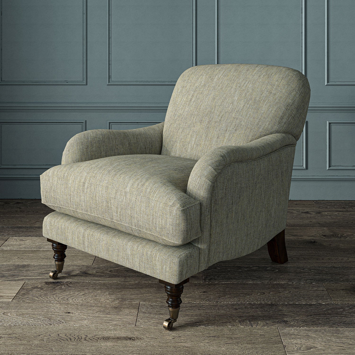 Armchair in Loxley Linen by Linwood – durable, Italian-woven natural fibre fabric in warm beige tones.