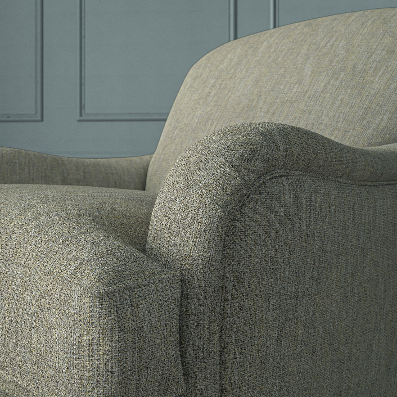 Close-up of armchair in Loxley Linen by Linwood – durable, Italian-woven natural fibre fabric in warm beige tones.
