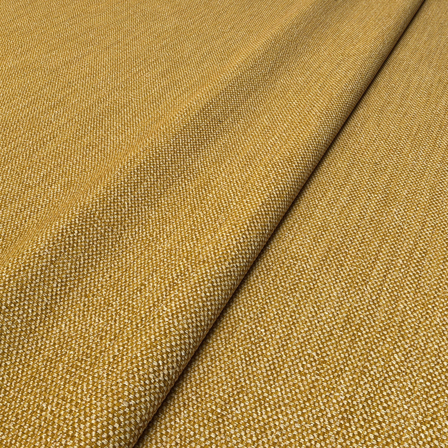 Close-up of Linwood’s Loxley Ochre fabric – textured Italian weave in golden yellow for upholstery.
