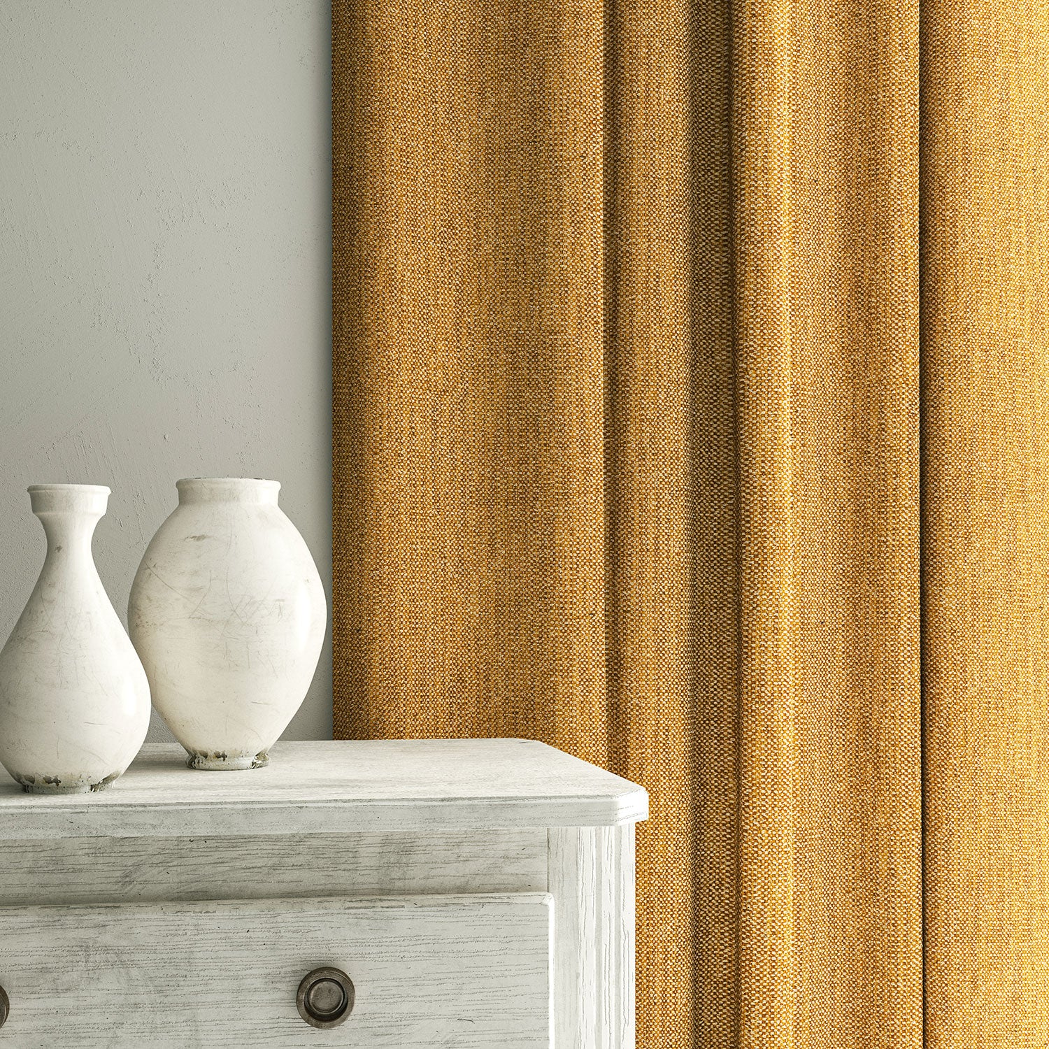 Curtain in Loxley Ochre by Linwood – yellow Italian-woven fabric with rich texture and depth.