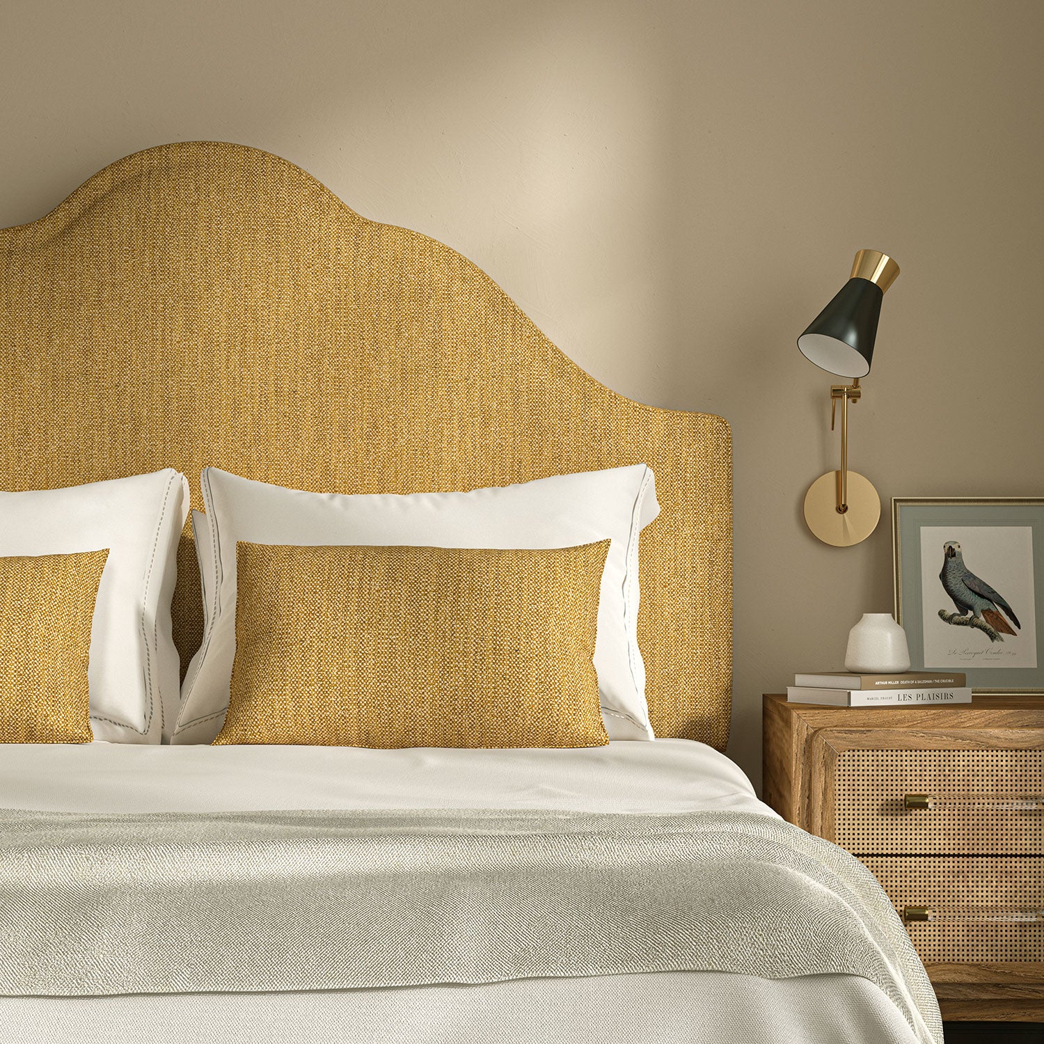 Upholstered headboard in Loxley Ochre by Linwood – Italian-woven yellow weave.