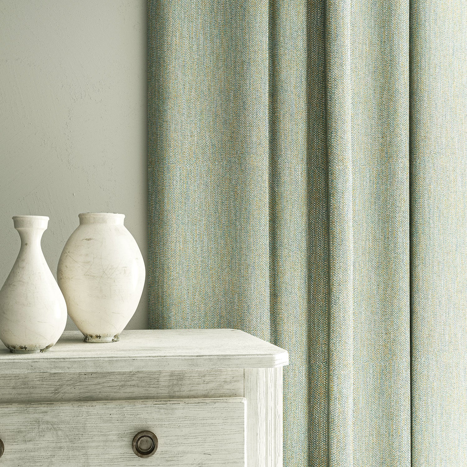 Curtain in Loxley Powder Blue by Linwood – blue Italian-woven fabric with rich texture and depth.